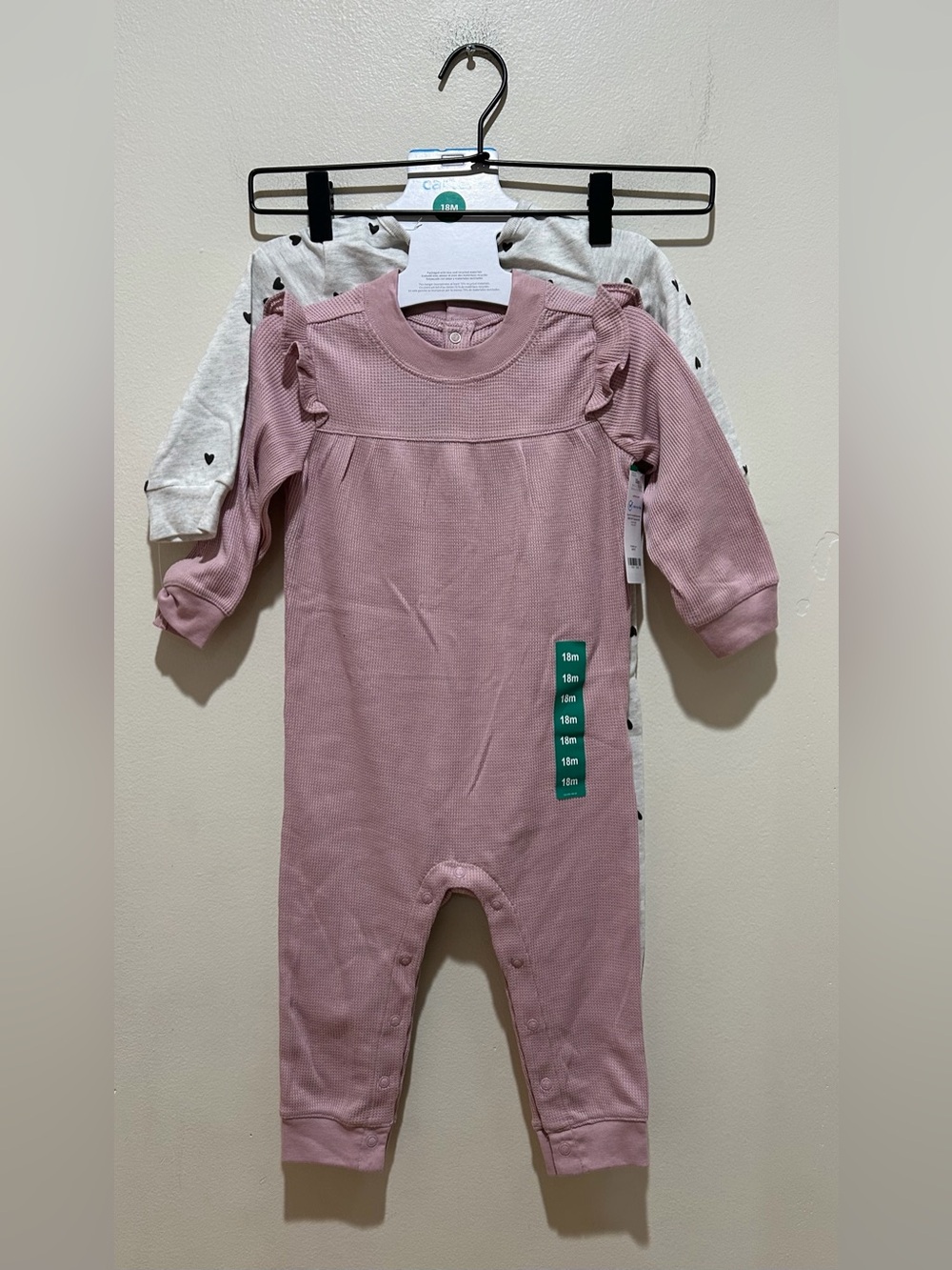 NWT Carter’s 2-pack Pink & Grey Hearts Pants Rompers - Baby Girl Size 18 Month